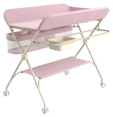 Immagine prodotto di Fasciatoio per neonati - Fasciatoio pieghevole - Regolabile in altezza 83–91 cm - Portata 11 kg - Vaschetta per il cambio - Cestino portaoggetti - Rotelle con freno - Rosa