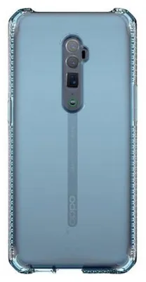 A transparent phone case with a blue tint, showing the back of a phone with a camera module and branding.