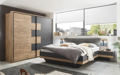 Produktbild von Schlafzimmer-Set >LINEA< (3-teilig) Bartex Eiche/Graphit, Schrank 280x215x60, Bett 296x97x210