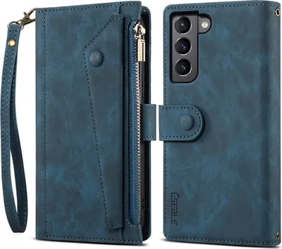Image de Etui de protection pour Samsung Galaxy S22 5G, étui en cuir avec fermeture éclair, portefeuille pliable avec fente pour cartes, support et boucle bleu