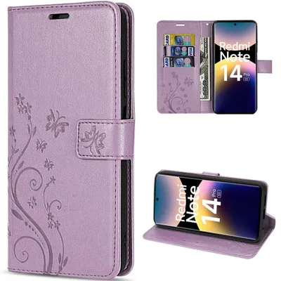 Image de Coque pour Xiaomi Redmi Note 14 Pro 5G, Protection Anti-Rayures CuirPolyuréthaneMotif Fleur Papillon - Violet