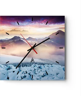 Produktbild von Wanduhr - Quadrat - Glasuhr - Berge Schnee Winter - 40x40cm - Schleichendes Uhrwerk - Lautlos - zum Aufhängen bereit - Dekoration Modern - Wanddekoration aus Glas - C3AC40x40-3596