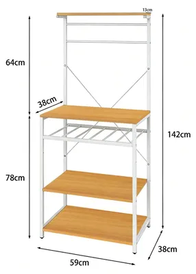 Immagine prodotto di Scaffale da cucina - Scaffale per microonde - 4 ripiani - Ganci a S - Struttura in metallo - Ripiani in legno - Facile da montare - Stile industriale - Legno naturale
