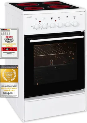 A white electric freestanding cooker with a glass ceramic hob and an oven is shown from a slightly angled front view.