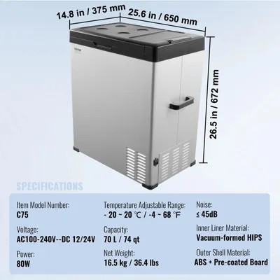 Immagine prodotto di Frigorifero portatile - Frigorifero compatto - Frigorifero mobile - 75 litri - Compressore silenzioso - Funzione di raffreddamento e congelamento