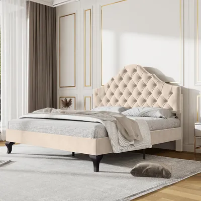 Obrázek produktu pro MODFU Čalouněná postel 140x190 cm s výškově nastavitelným hlavovým opěradlem a roštem, Manželská Dětská postel z sametu a masivního dřeva (bez matrace), béžová