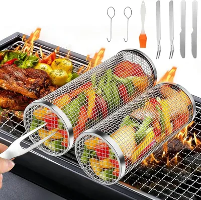 Obrázok produktu pre Grilovací kôš 2 ks, nehrdzavejúca oceľ 304, pre vonkajšie kempovanie