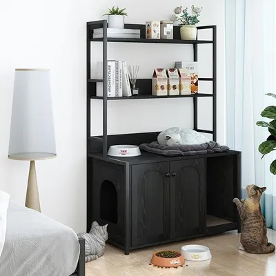 Imagen del producto de Armario Katzenklo, armario para arenero con estantería, gran casa para gatos con puerta y separador, 89x45x132 cm, muebles para gatos discretos (negro)