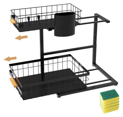 Zdjęcie produktu dla Organizer pod zlew do szafki – dwup poziomowy – wysuwana półka – metalowa szafka organizator – do kuchni/łazienki – oszczędza miejsce – półka