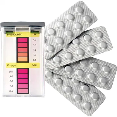 Obrázek produktu pro Sada pro testování vody v bazénu - měření chlóru a pH - s testerem a 20 měřícími tabletami - tester vody v bazénu, lázních, bazénu - snadno a rychle