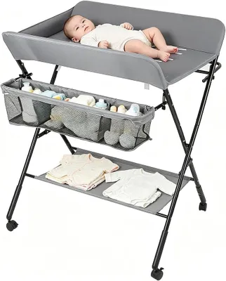 Image de Table à langer pliable - Commode pour bébé - Pour l'hygiène du bébé - Réglable en hauteur - 80 x 66 x 98 cm - Gris