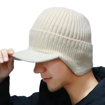 Produktbild von Herren Winter Strickmütze mit Schirm und Ohrenschützern, Winddichte warme Mütze mit Ohrenklappen, Baseballmütze für Outdoor-Radfahren, Gestrickte Zeitungsjungenmütze mit Visier, Beige, Einheitsgröße