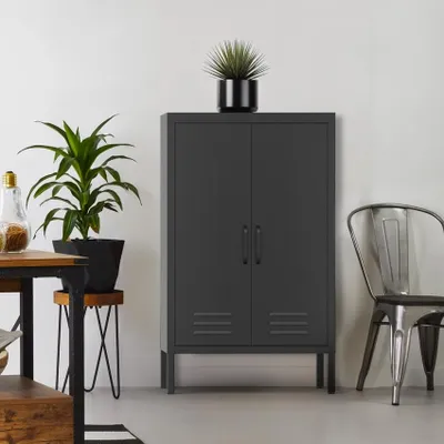Image de Armoire de bureau noir métal 2 portes industriel 65x36x105cm Colima
