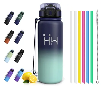 Produktbild von Edelstahl Trinkflasche 750ml mit Strohhalm, Isolierflasche Dunkelblau Türkis