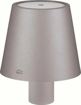A gray table lamp with a conical shade and a cylindrical base.