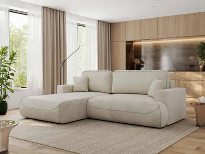 Produktbild von MKS MEBLE Ecksofa OVO mit Schlaffunktion und Bettkasten, Beige Velvet, L-form Couch, 4-Sitzer Ecksofa, 271x195x95 cm - Links Seite