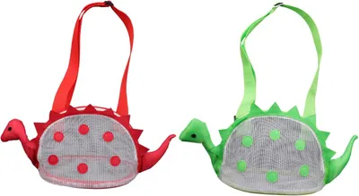 Produktbild von Kinder-Strandtaschen aus Netzstoff mit Dinosaurier-Motiv, Muscheln, Handtücher und Wasserflaschen