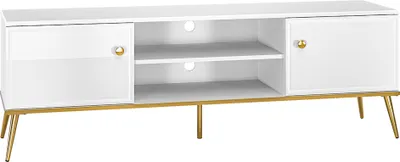 Produktbild von TV Lowboard weiß Hochglanz GUBIN-131 Fernsehschrank mit goldfarbenen Griffen und Füßen, B/H/T: ca. 160/54/40 cm