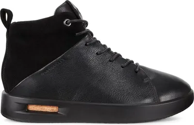 A studio shot of a black high-top sneaker.