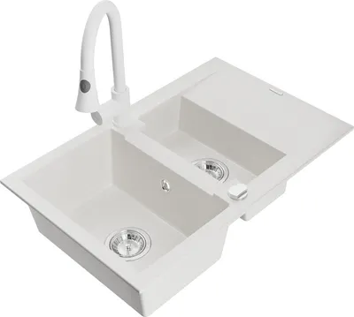 Produktbild von Mexen Gaspar 1,5-Becken-Granitspüle mit Abtropffläche und Mischbatterie Elia, Weiß - 6507-20-670101-20