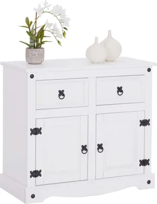 Produktbild von CARO-Möbel Buffetschrank RURAL, Kiefer massiv weiß, Landhausstil, 76x87x40 cm (HxBxT), lackiert, 1 Regalboden, schwarze Metallgriffe