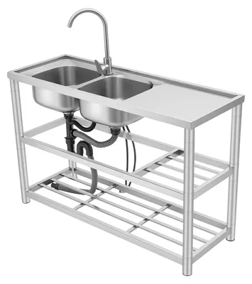 Immagine prodotto di Lavello professionale per cucina, con due vasche, realizzato in acciaio inossidabile resistente, finitura argento