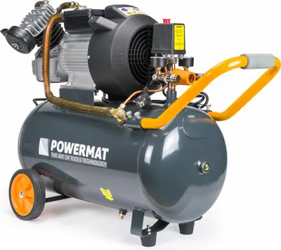 A studio shot of a gray air compressor with orange accents.