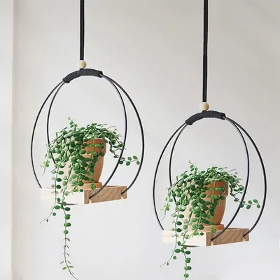 Produktbild von 2Stk Hängendes Blumentopf Regal mit Innen-Hängenden Blumentöpfen, Balkon-Dekoration, Pflanzen, Wohnzimmer, Holz-Regal, Blumenampel(rund*schwarz)