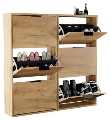 Produktbild von Planetmöbel Schuhschrank schmal 2 x 3 Klappen Schuhregal mit 6 Ablagen, gold eiche