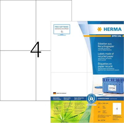 Produktbild von HERMA 10734, Weiß, Selbstklebendes Druckeretikett, Gestanztes Etikett, Papier, Laser/Inkjet, Permanent