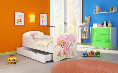 Image de ACMA I Lit d'adolescent Lit d'enfant Lit junior Set complet avec matelas Sommier blanc 12 chiots 140x70 + coffre de lit