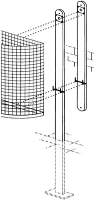 An exploded view diagram showing how a wire mesh waste bin attaches to a metal stand.