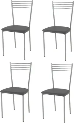 Four identical modern dining chairs are arranged in a grid against a white background.