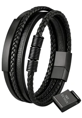 Produktbild von S&T DESIGN Lederarmband Herren Armband Schwarz Schmuck Edelstahl (Geschenkebox (Etui), Geflochten) Magnetverschluss & Verlängerung Geschenk für Männer