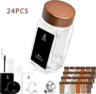Produktbild von Gewürzgläser Set - 24er Set 120 ml eckige Glasgewürzdosen - Luftdichte Holzdeckel - Mit Gewürzetiketten - Spülmaschinengeeignete Gläser (ohne Deckel)