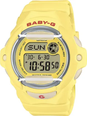 A close-up studio shot of a yellow Baby-G digital watch.