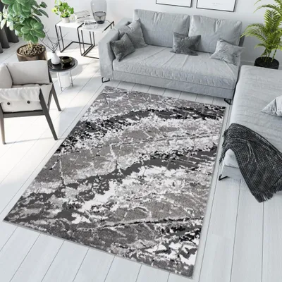 A modern living room with a gray sofa, armchair, and a rug with a marble-like pattern.