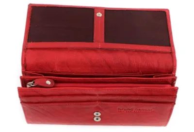 An open red wallet is shown from a top-down perspective against a white background.
