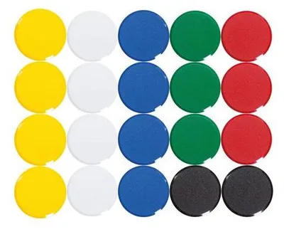 Image de Aimant MAULpro rond, 20 pièces, 0,6 kg, plastique, ferrite, incassable, érodé, laqué, Ø 2,9 x 1,1 cm, jaune, bleu, vert, rouge, noir, blanc