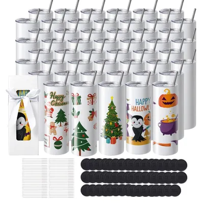 Obrázok produktu pre VEVOR 50-pack rovný sublimačný hrnček, prázdny hrnček s objemom 591,5 ml, dvojstenný hrnček z nehrdzavejúcej ocele so slamkou, viečkom, štetcom, podstavcom, zmršťovacou fóliou, darčekovou krabičkou, na tepelný lis a tepelný prenos