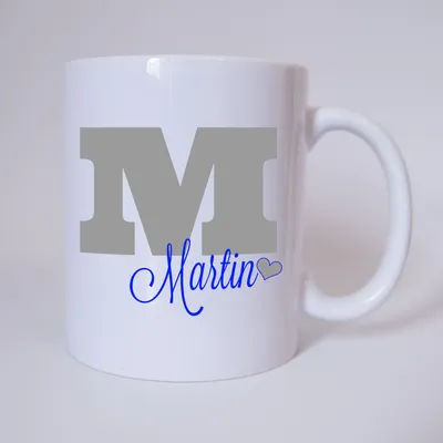 Produktbild von Namenstasse Buchstabe M, individueller Name (Grau/Blau) / Tasse / Kaffeetasse / Kaffeebecher