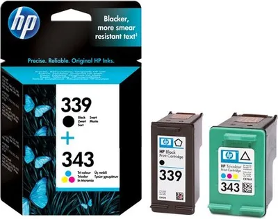 A product shot of HP ink cartridges and their packaging.