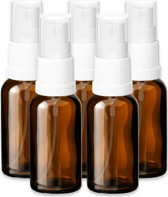 Produktbild von 5x Glasflasche braun 30 ml mit weißem Zerstäuber Sprükopf Pumpspray