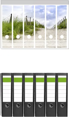 Produktbild von Wallario 6 Stück breite Ordner inkl. Klebeetiketten mit Motive Auf dem Weg zum Strand durch Dünen -  Set mit Rückenschildern / Ordnerrücken Stickern