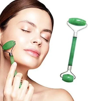 Produktbild von Set aus Rosenquarz-Gua-Sha und Jade-Gesichtsroller für Gesichtsstraffung, Hautentgiftung, Faltenminderung und Verjüngung