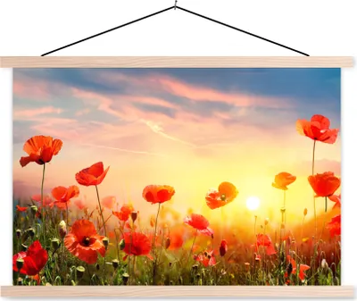 Produktbild von MuchoWow® Textilposter Mohnblumen - Frühling - Farben 120x80 cm mit holzfarbenen Rahmen - Aufhängeset