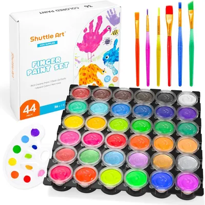 Productafbeelding van Art Vingerverf, 44-delige Wasbare Vingerverfset, 36 Kleuren Babyveilige Niet Giftige Verf (30ml), met Verfborstels, Papierblok & Palet