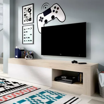 Produktbild von TV-Ständer Dadl, niedriges Sideboard für Wohnzimmer, Wohnzimmer-Sideboard für Fernseher, 204 x 42 x 48 cm, Eiche und Weiß