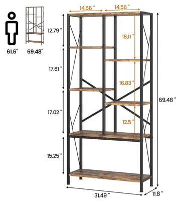 Immagine prodotto di Libreria industriale - Scaffale in legno e metallo a 5 ripiani - Stile rustico vintage - Ampio spazio di stoccaggio - Libreria autoportante per soggiorno, ufficio, camera da letto - Marrone