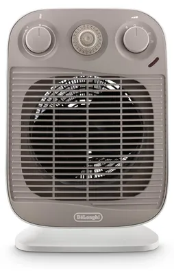 A close-up studio shot of a gray Delonghi fan heater on a white base, against a white background.